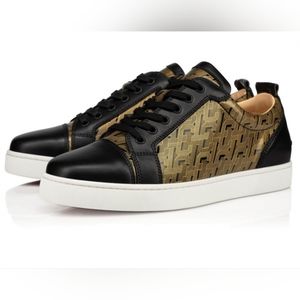 Christian Louboutin Louis Junior Flat Patent Leather Black and Gold Sneakers